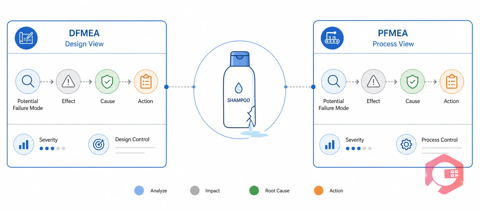 One leaking bottle analyzed two ways: DFMEA design view versus PFMEA process view | Cryotos