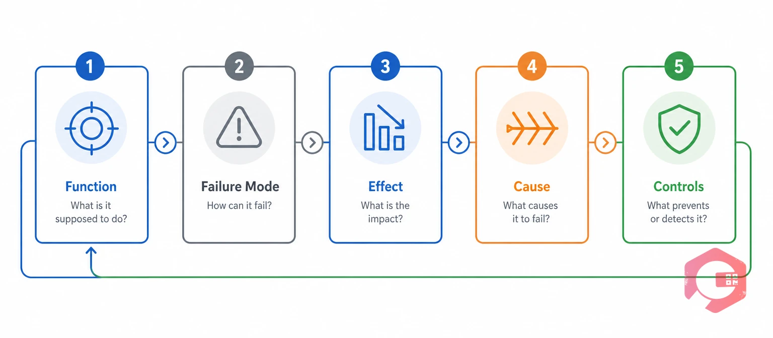 The five FMEA questions: function, failure mode, effect, cause, and controls | Cryotos