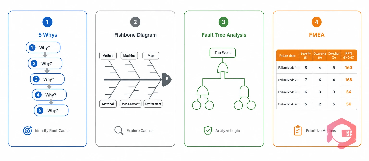 Four root cause analysis tools compared: 5 Whys, Fishbone, Fault Tree Analysis and FMEA | Cryotos
