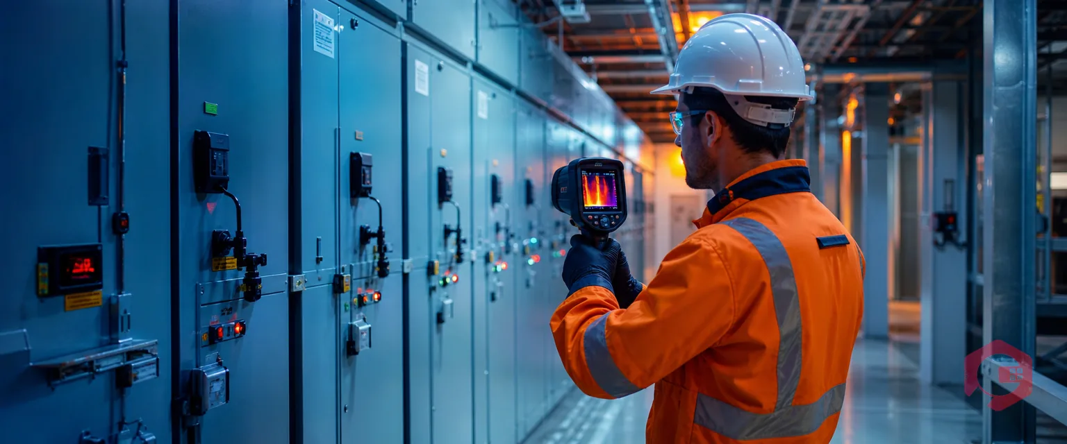 Technician scanning electrical switchgear with a thermal imaging camera | Cryotos