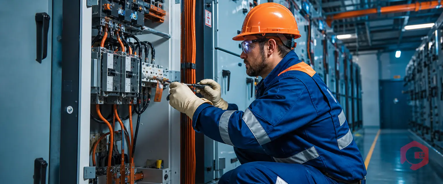 Technician servicing plant switchgear and circuit breakers in proper PPE | Cryotos