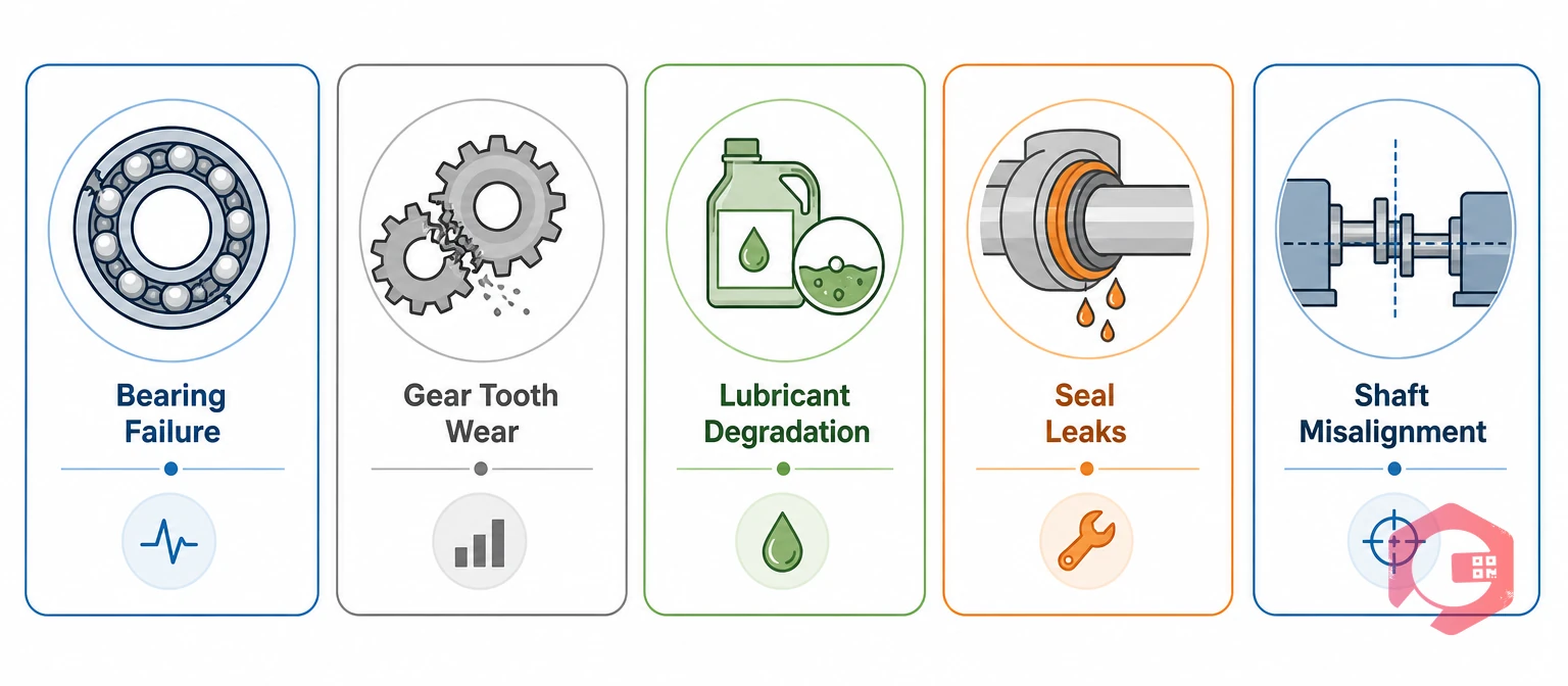 Five common gearbox failure modes: bearings, gear teeth, lubricant, seals, alignment | Cryotos