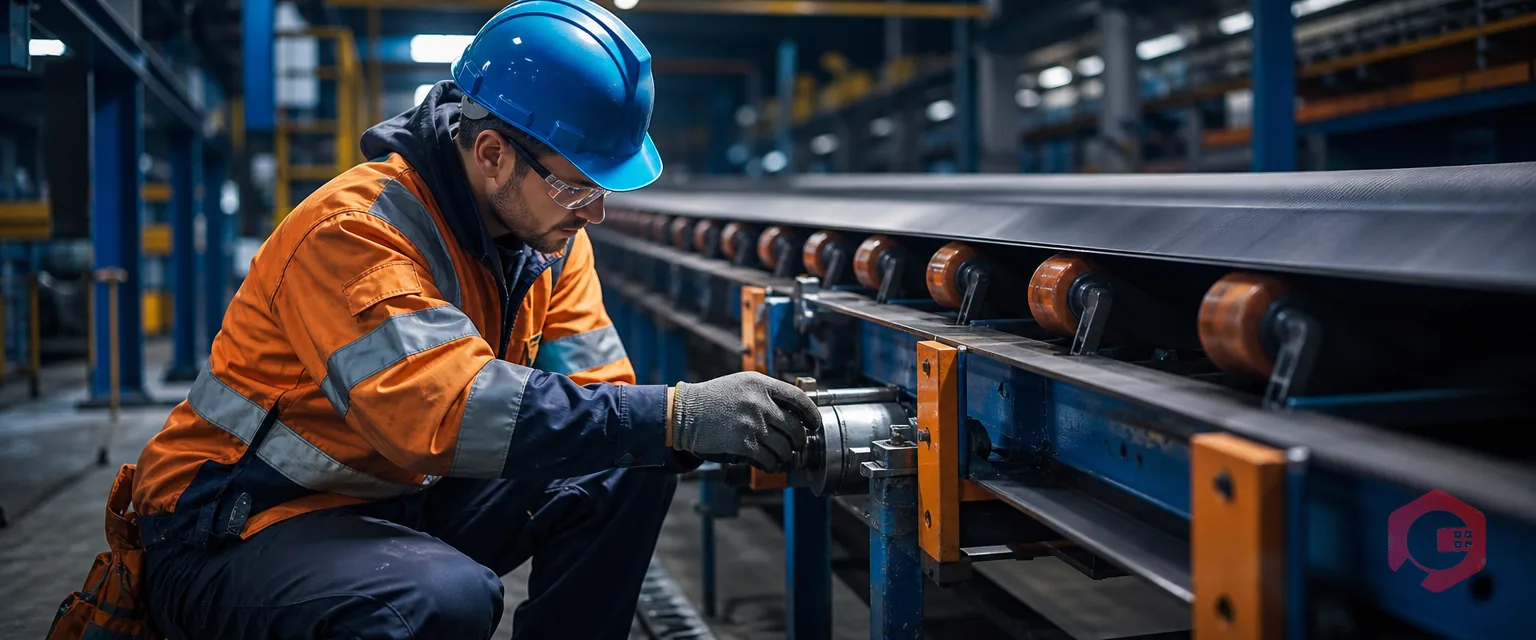 Maintenance technician inspecting a conveyor belt system in an industrial plant | Cryotos