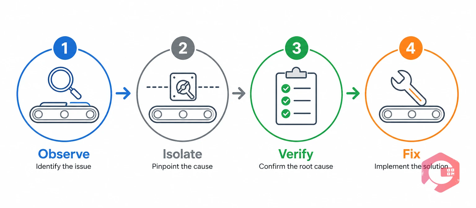 Observe-Isolate-Verify-Fix four-step conveyor belt diagnostic method | Cryotos