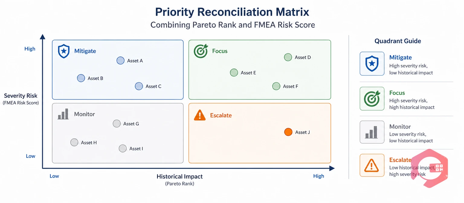 Priority reconciliation matrix combining Pareto rank and FMEA risk score | Cryotos