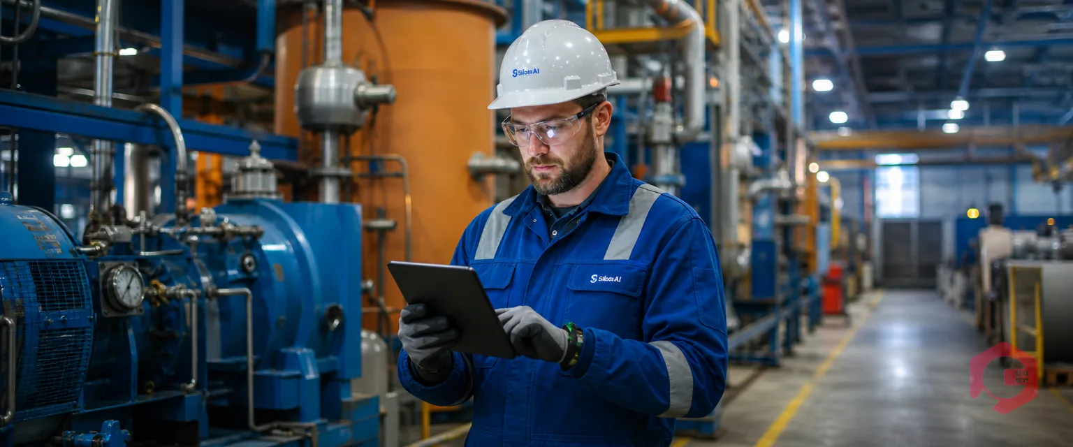 Maintenance engineer using an AI assistant on a tablet beside industrial equipment | Cryotos