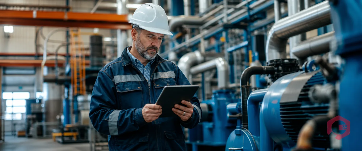 Maintenance manager reviewing maintenance data on a tablet with an AI assistant in an industrial facility | Cryotos