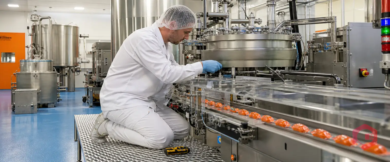 Technician servicing confectionery production equipment in a hygienic sugar manufacturing plant | Cryotos