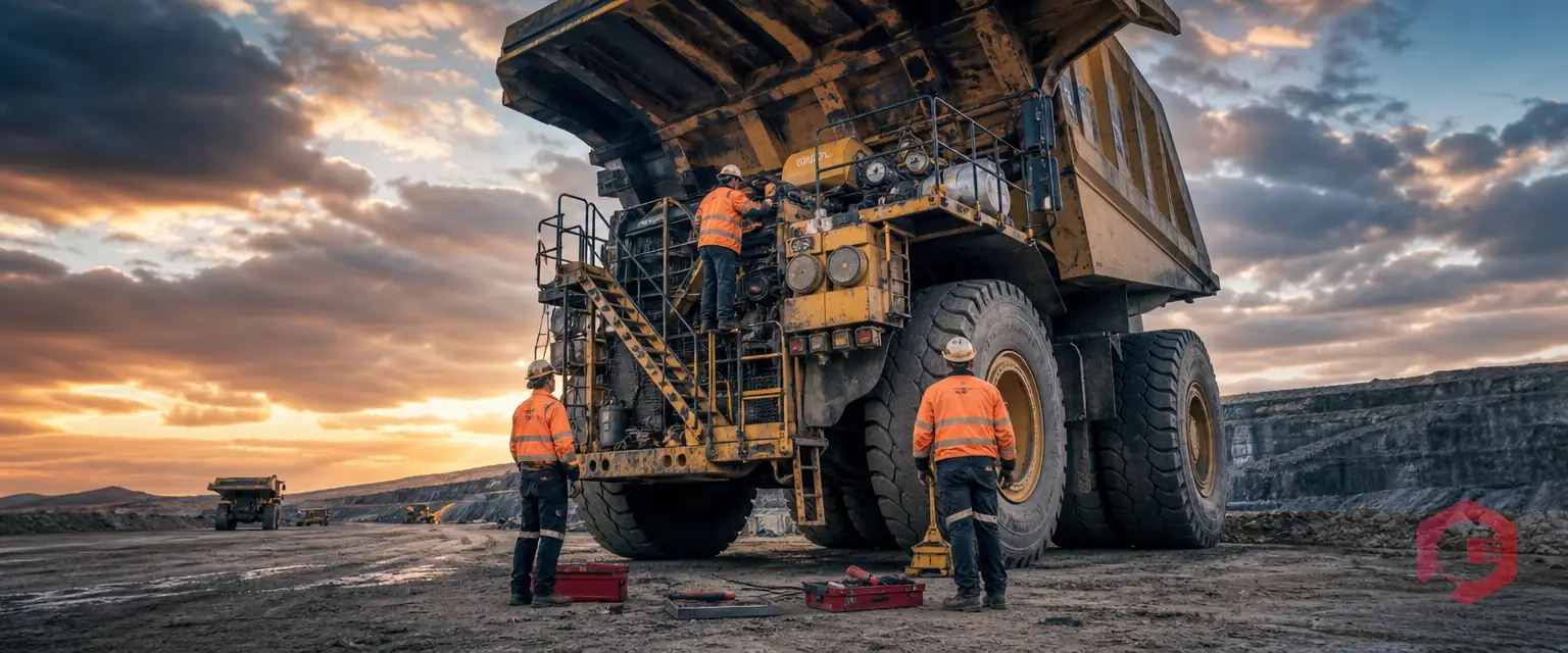 Maintenance crew servicing a mining haul truck at an open-pit mine | Cryotos