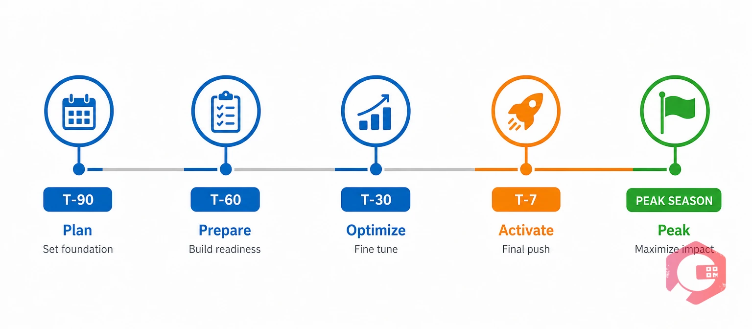 Peak readiness countdown timeline with T-90, T-60, T-30 and T-7 gates | Cryotos