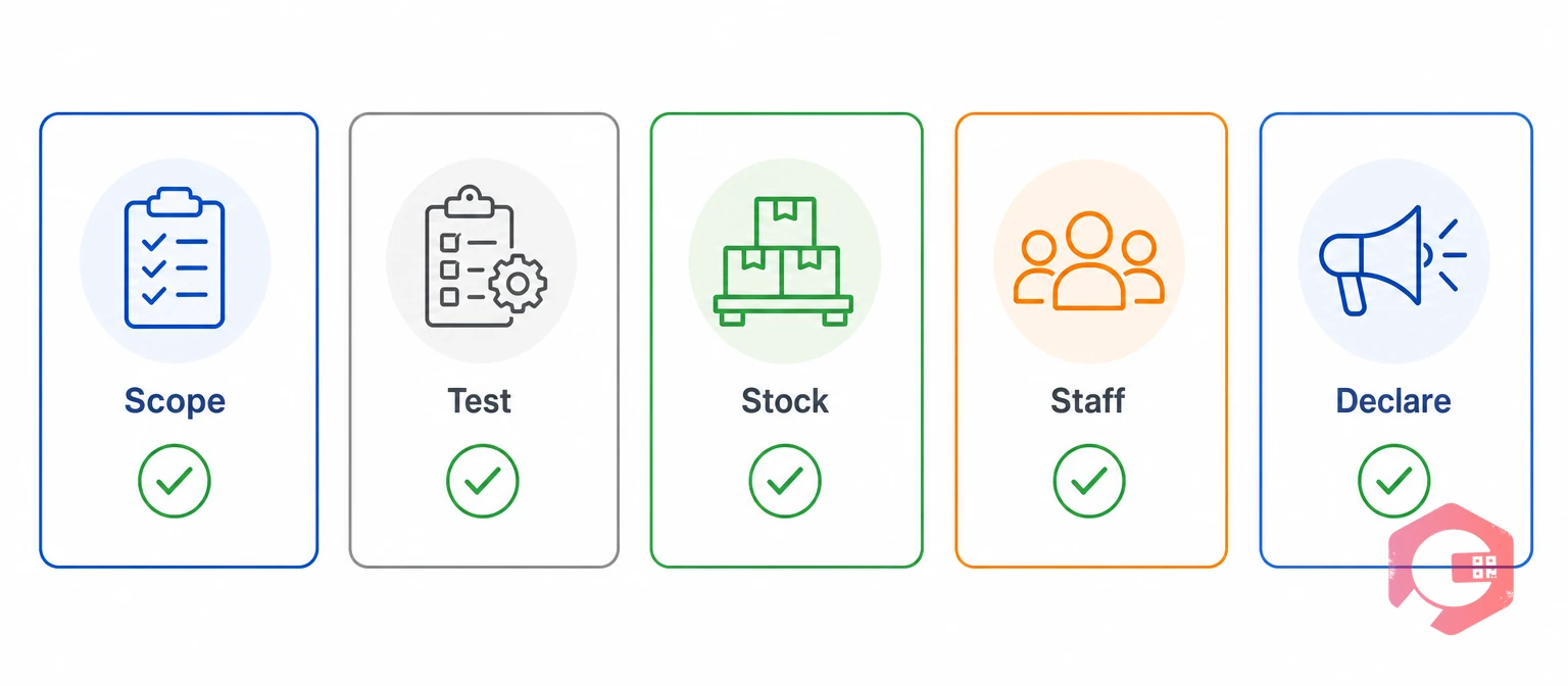 Five-gate peak readiness framework: Scope, Test, Stock, Staff, Declare | Cryotos