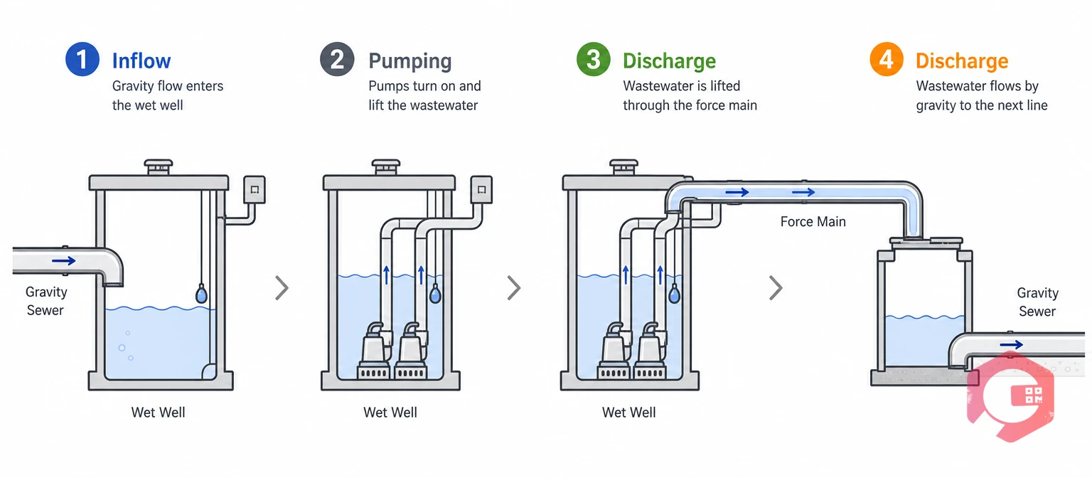 How a wastewater lift station raises flow from wet well through the force main | Cryotos