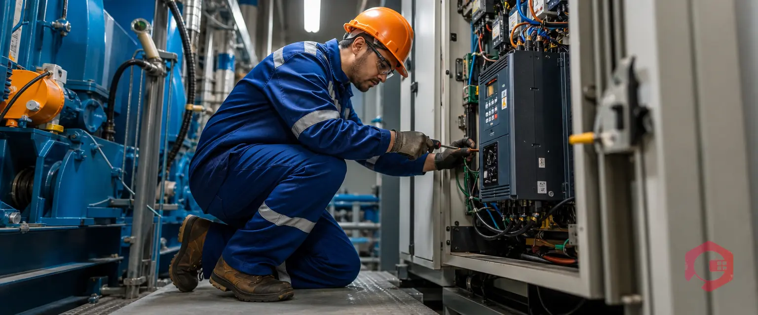 Technician servicing a VFD cabinet in an industrial motor control room | Cryotos