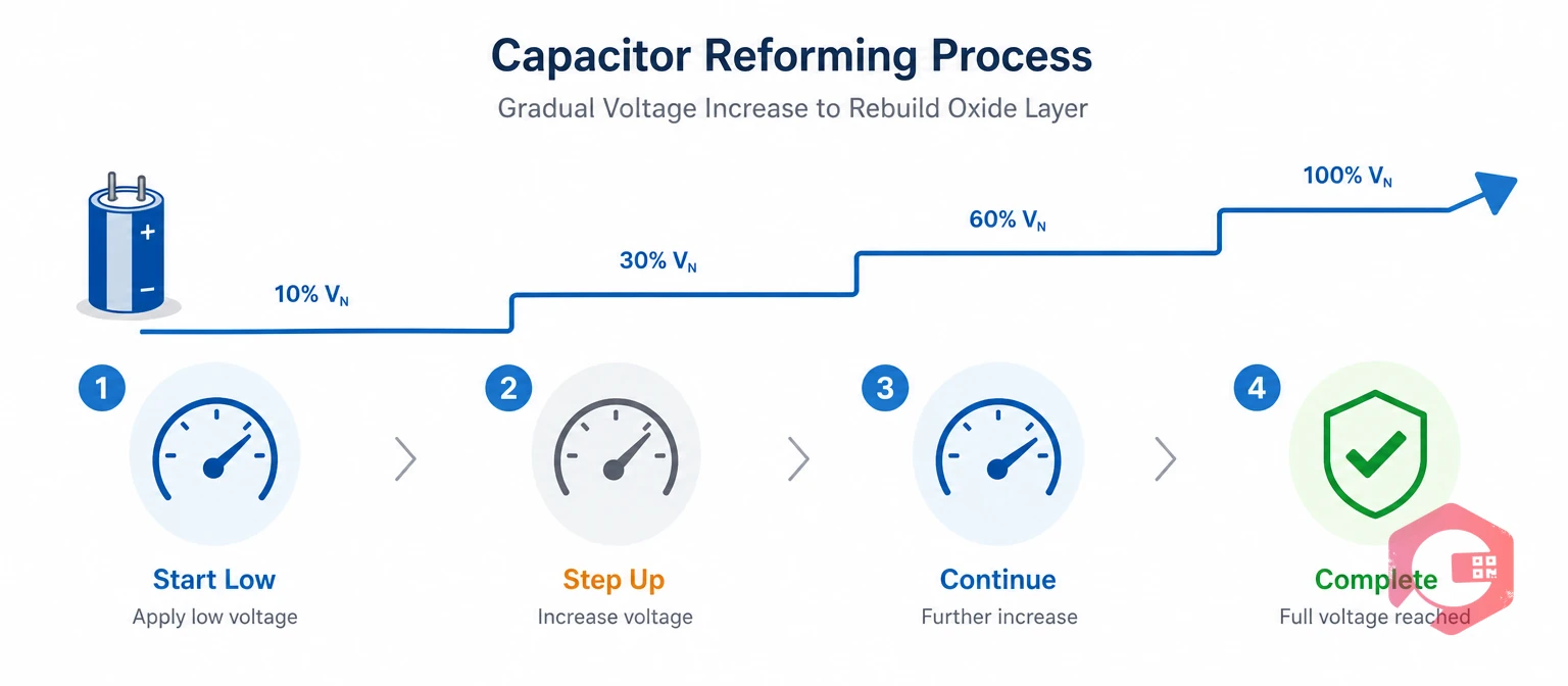 Capacitor reforming stepped voltage ramp rebuilding the oxide layer | Cryotos