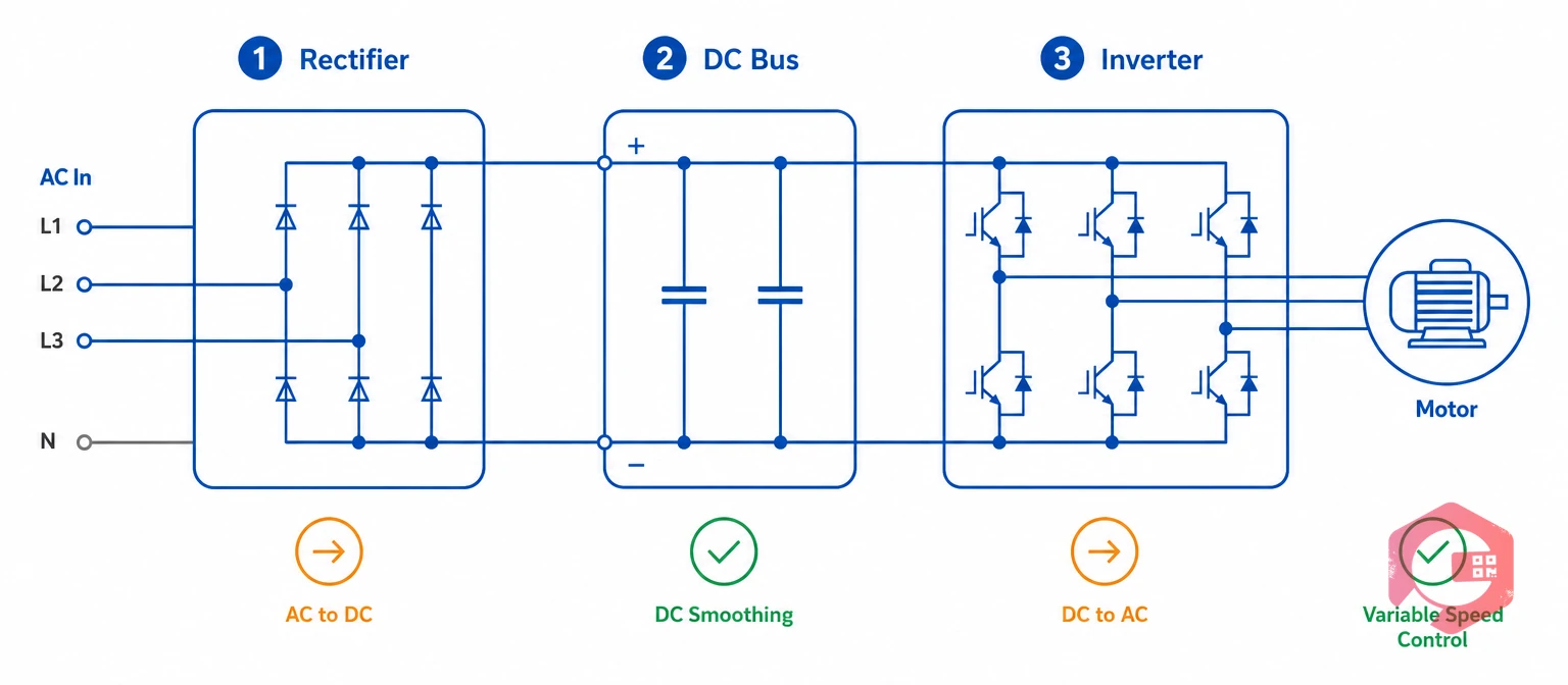 How a VFD works: rectifier, DC bus and inverter stages | Cryotos