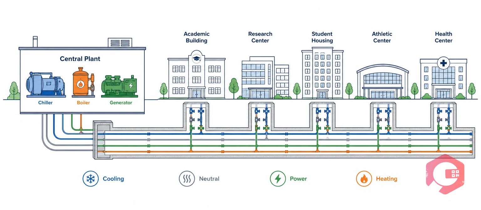 How a campus central plant distributes utilities to buildings | Cryotos