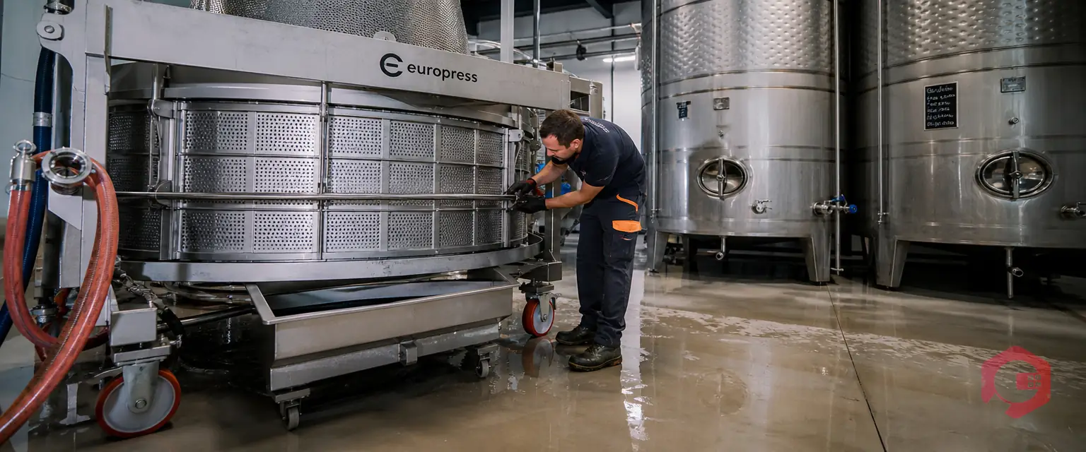 Technician servicing winery press and fermentation tanks in a food and beverage plant | Cryotos
