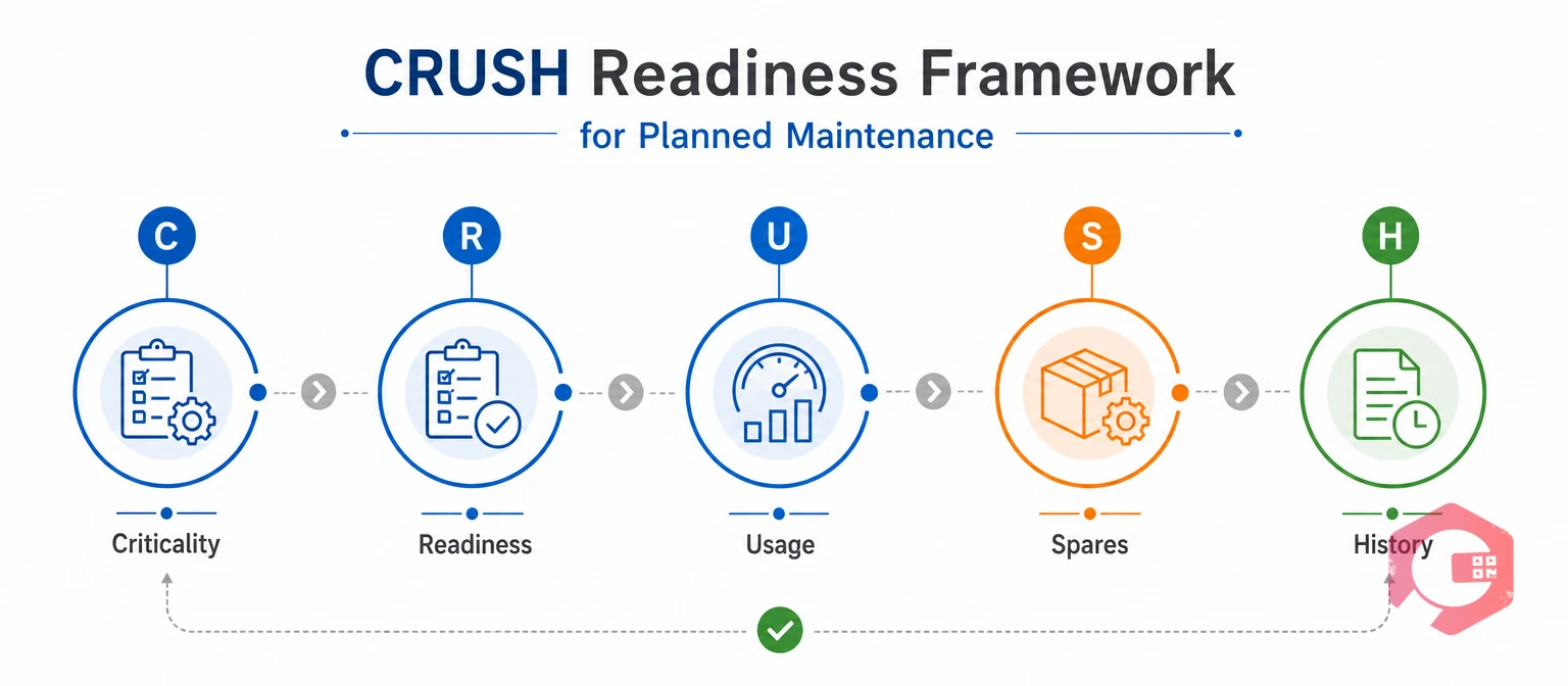 CRUSH framework five steps: criticality, readiness windows, usage triggers, spares staging, history capture | Cryotos