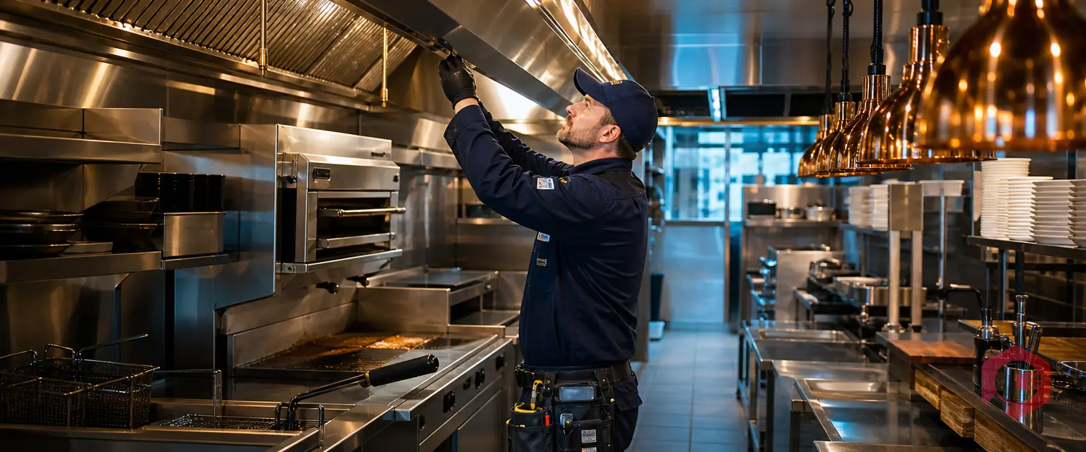 Maintenance technician servicing commercial kitchen refrigeration and hood equipment in a restaurant | Cryotos