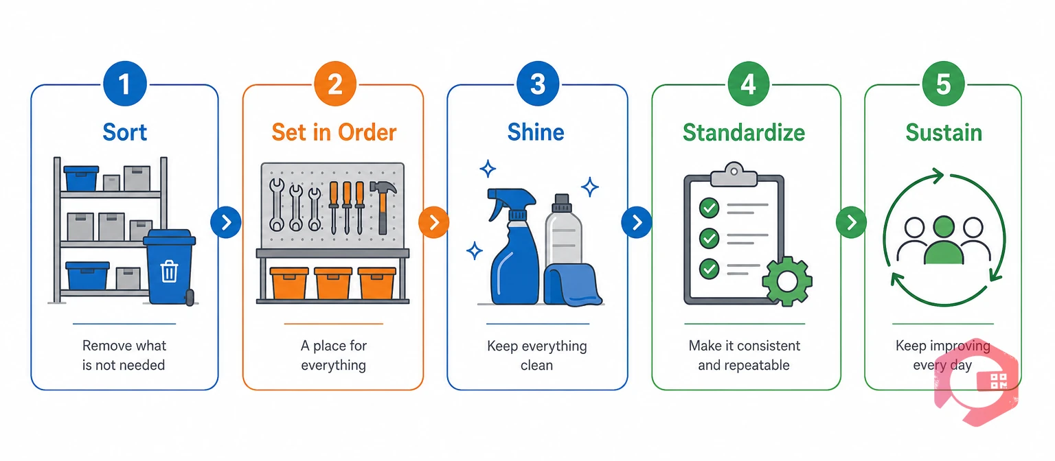 The five pillars of 5S: Sort, Set in Order, Shine, Standardize, Sustain | Cryotos