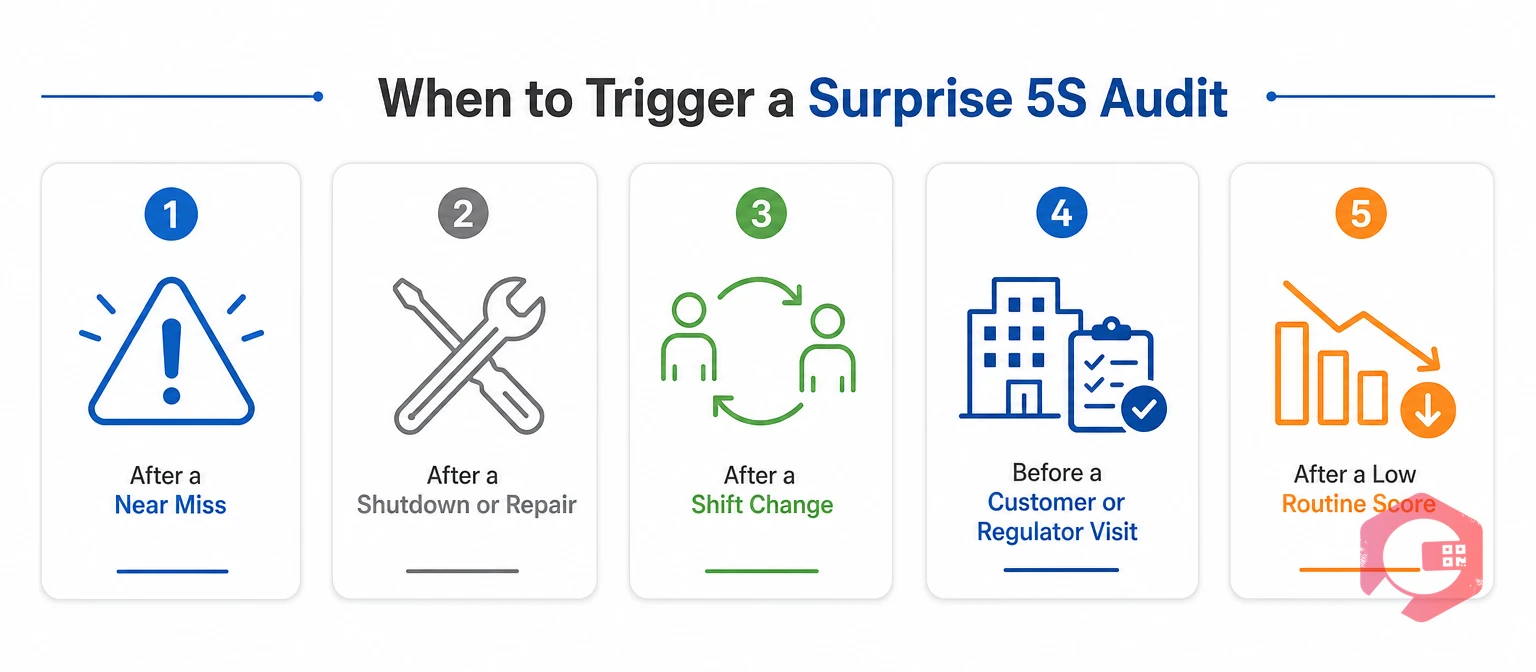 When to trigger a surprise 5S audit: near miss, shutdown, shift change, visit, low score | Cryotos