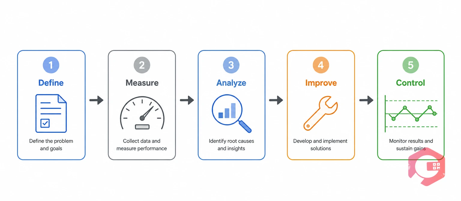 The five-phase DMAIC cycle: Define, Measure, Analyze, Improve, Control | Cryotos