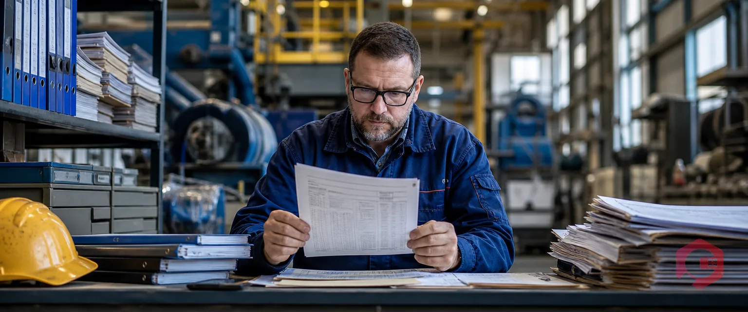Maintenance manager reviewing archived equipment maintenance records in an industrial facility | Cryotos