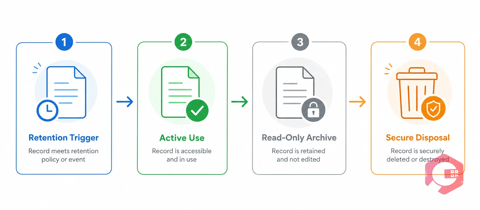 Maintenance record retention lifecycle from trigger to active use to archive to disposal | Cryotos