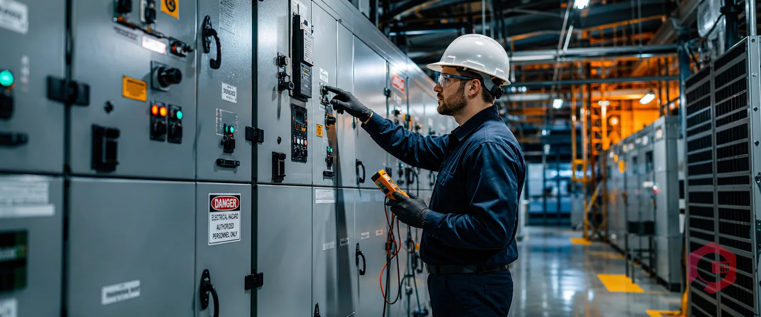 Engineer inspecting switchgear for power quality problems | Cryotos