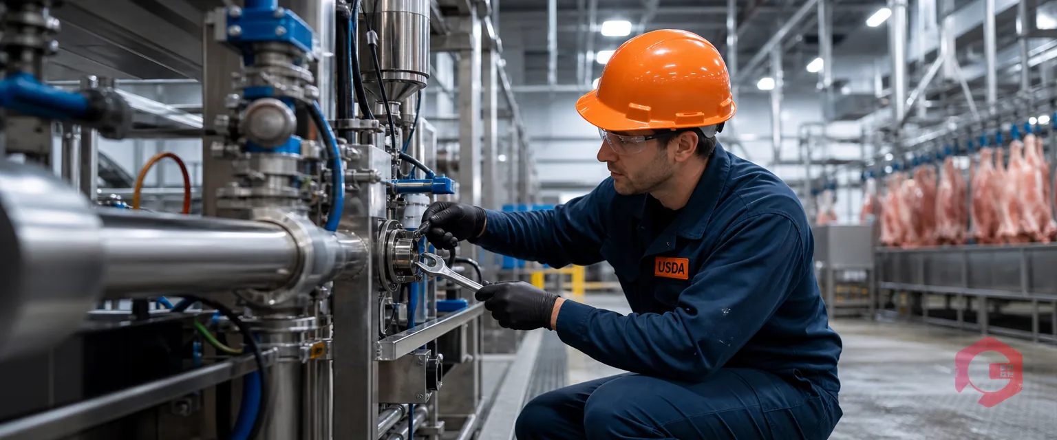 Technician servicing stainless-steel equipment in a clean USDA meat and poultry facility | Cryotos