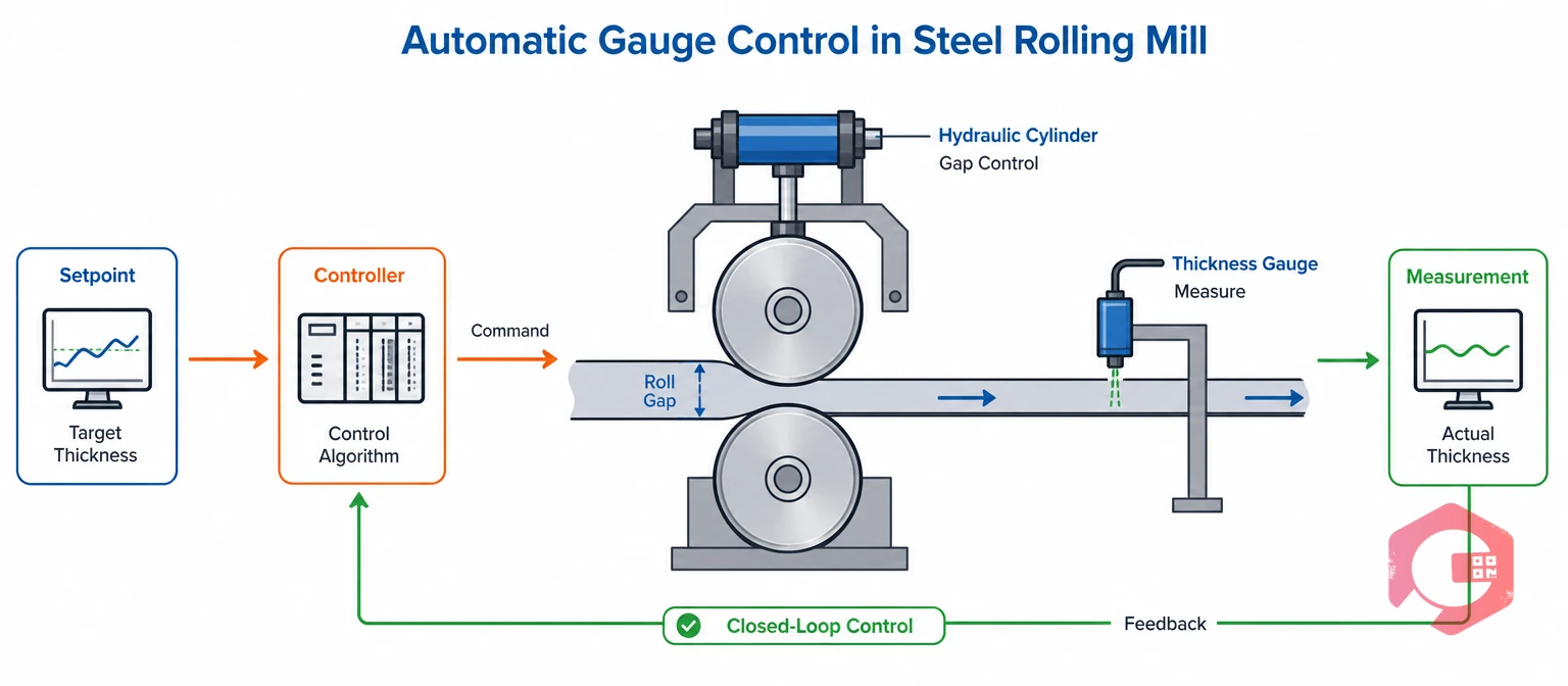 Closed-loop automatic gauge control system adjusting roll gap to keep steel strip on target thickness | Cryotos