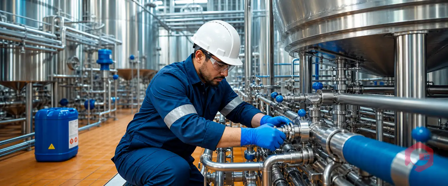 Technician servicing clean-in-place stainless-steel tanks in an FMCG plant | Cryotos