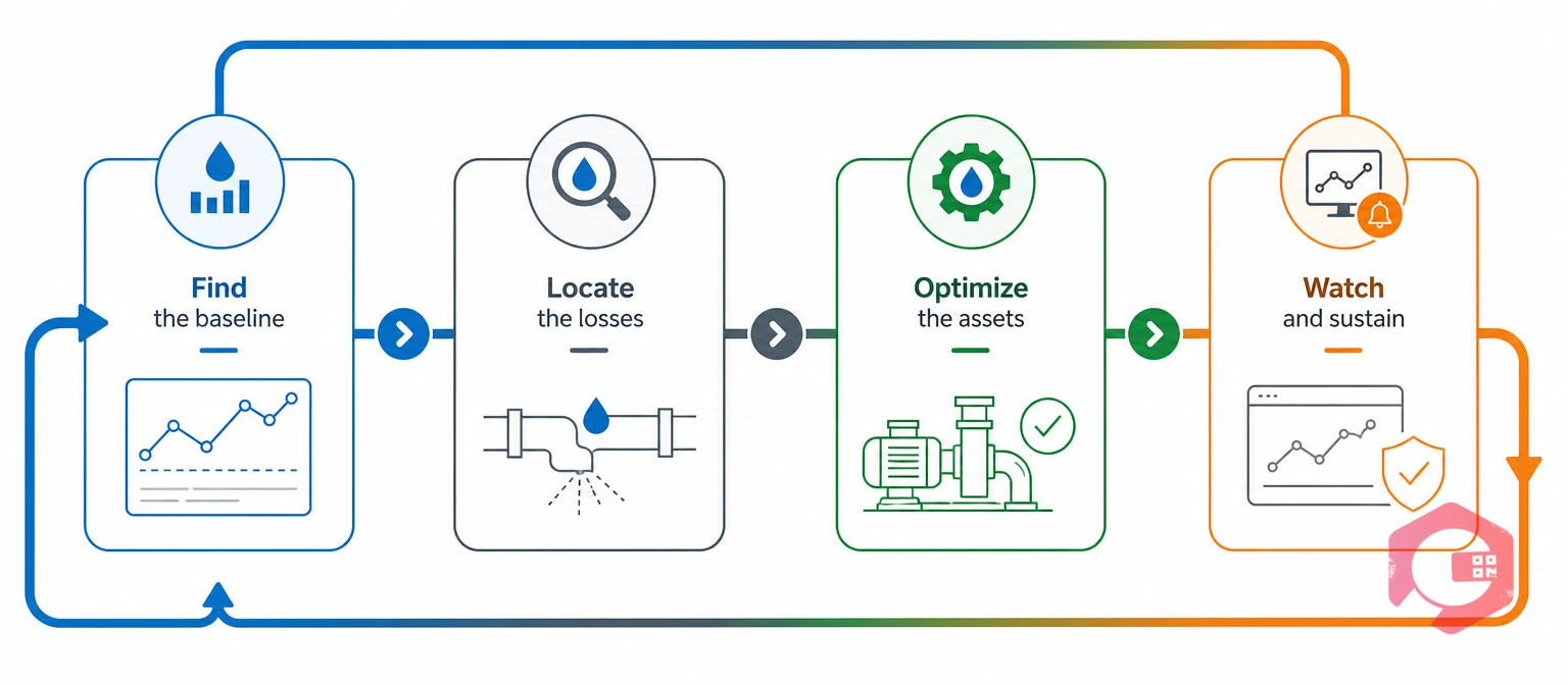 The FLOW framework four stages for FMCG water reduction maintenance | Cryotos
