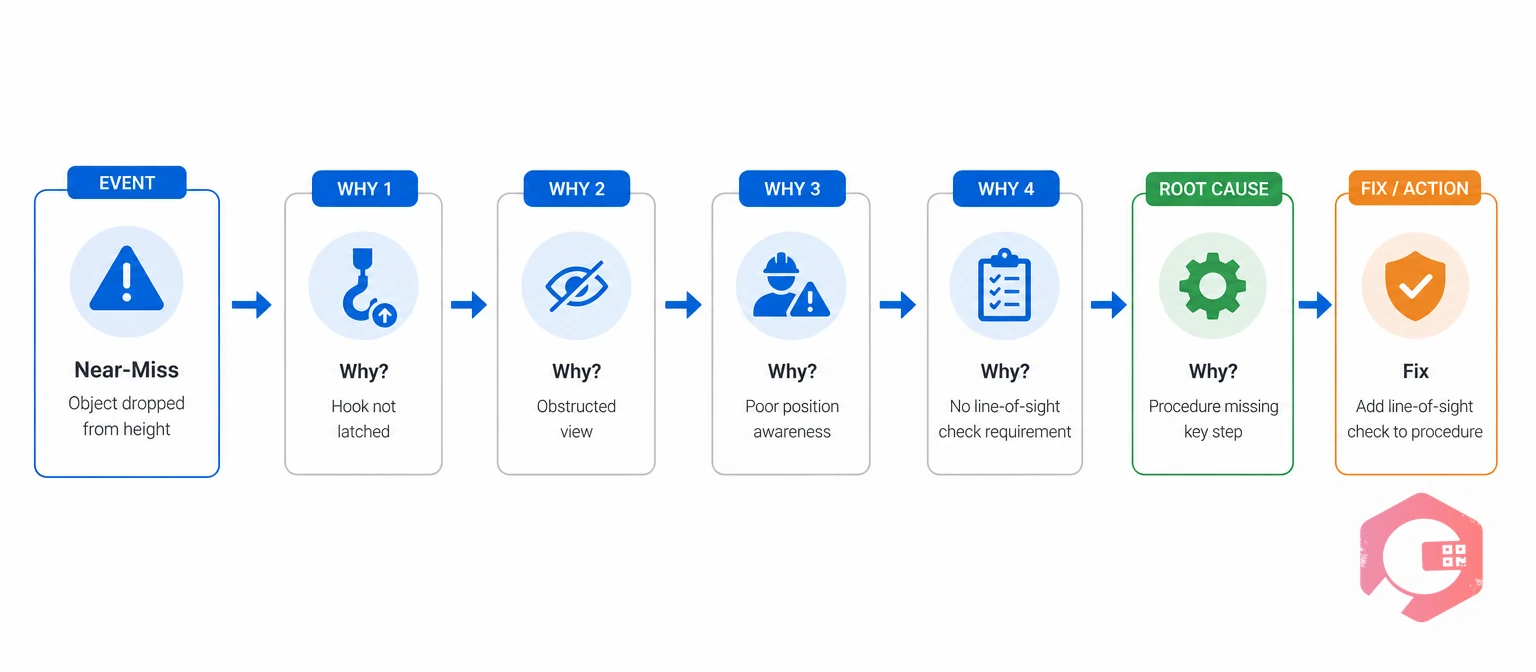 A 5 Whys analysis chain tracing a near-miss to one fixable root cause | Cryotos