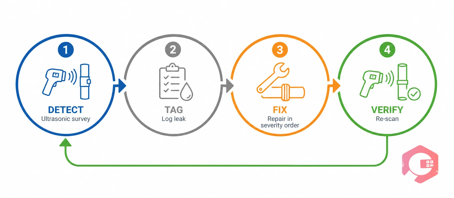 The DETECT-TAG-FIX-VERIFY loop for sustained leak reduction | Cryotos