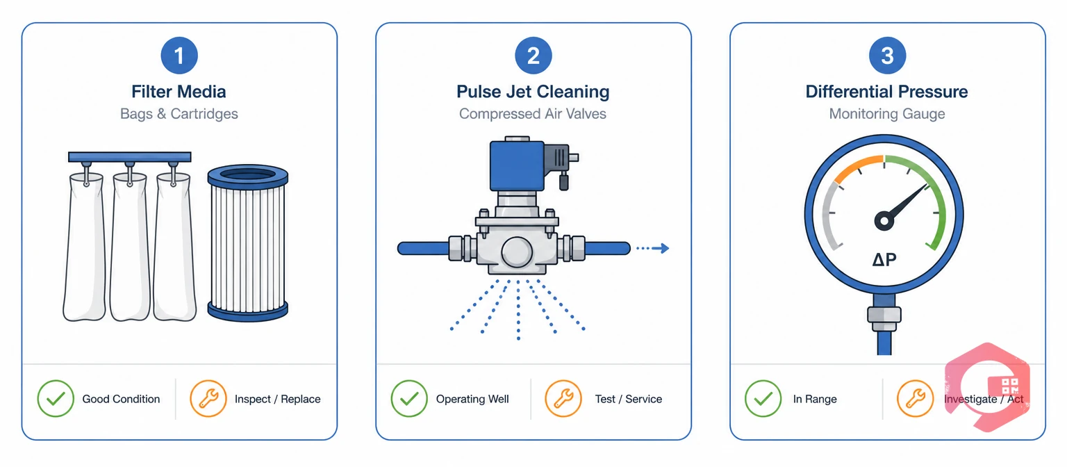Three dust collector subsystems that drive maintenance failure: filter media, pulse jet cleaning, differential pressure | Cryotos