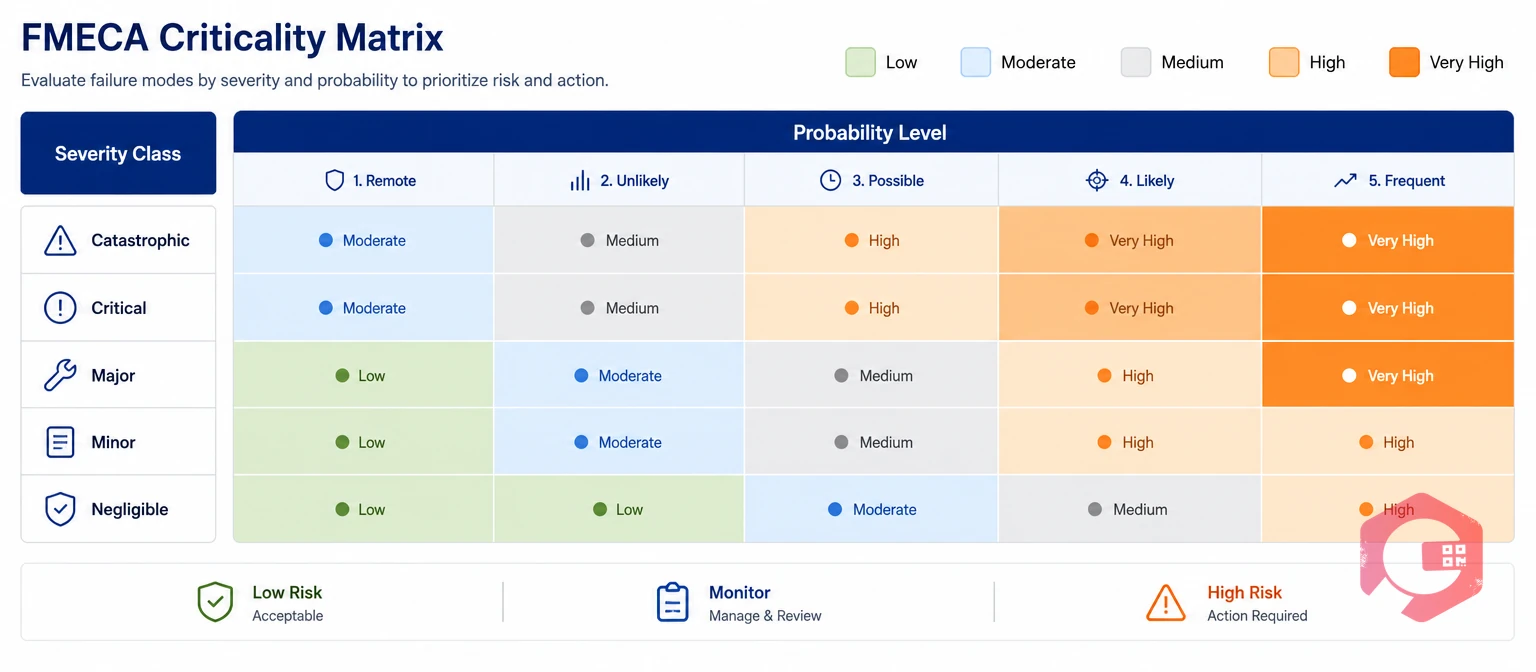 FMECA criticality matrix plotting severity against probability to rank failure modes | Cryotos