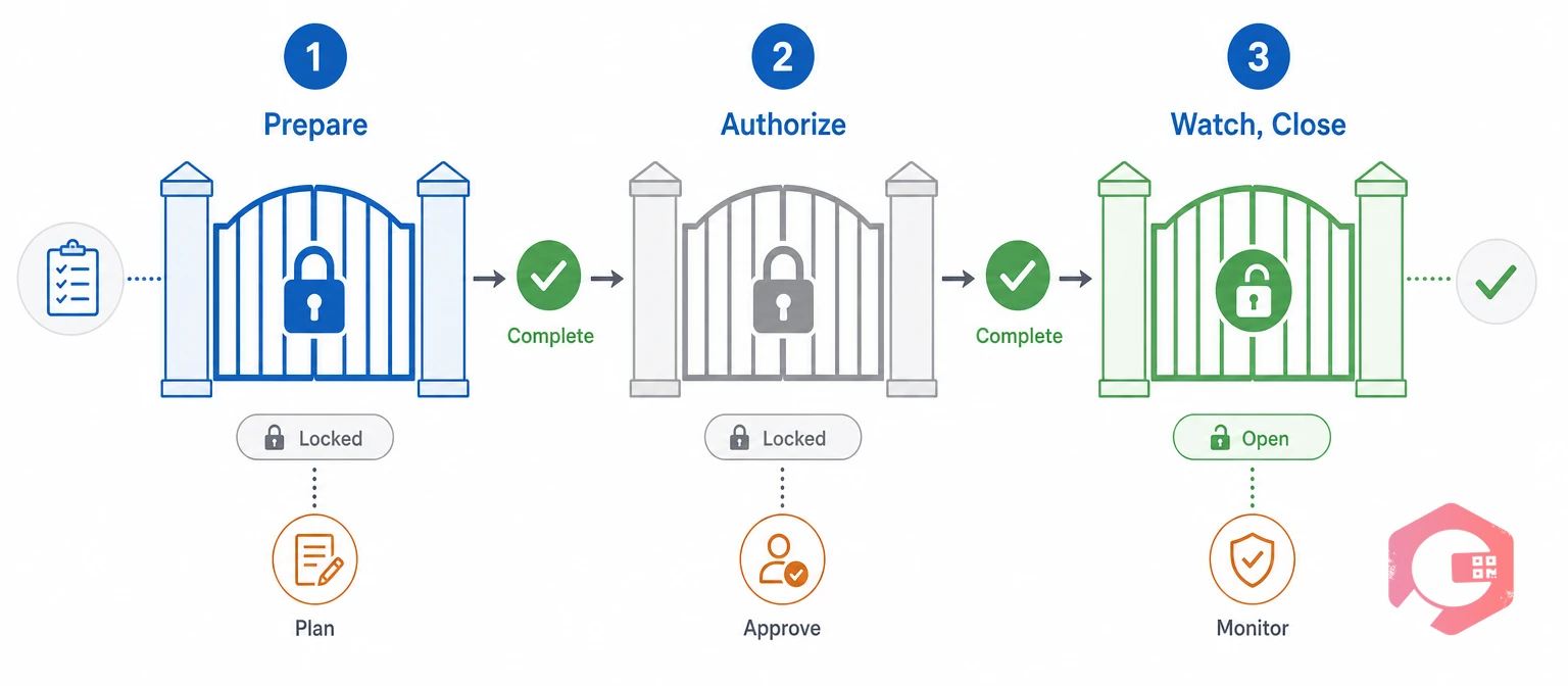 Three-gate hot work approach: Prepare, Authorize and Watch, then Close, each gate locked until the last is complete | Cryotos
