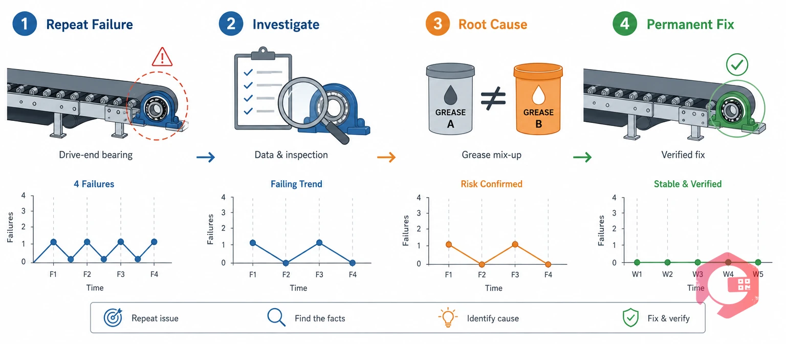 Worked 8D example of a repeat conveyor bearing failure traced to a grease mix-up and permanently fixed | Cryotos