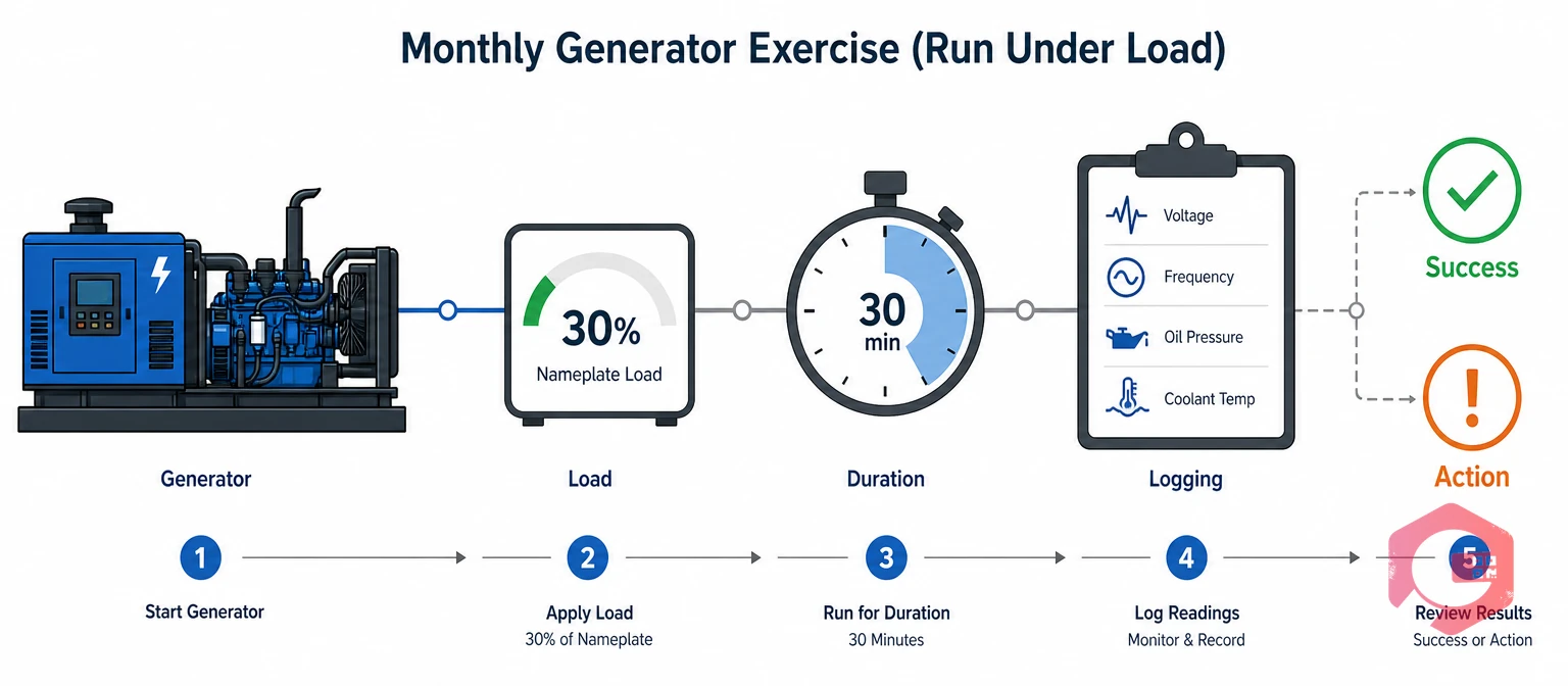 Monthly generator exercise run under load for at least 30 minutes with logged readings | Cryotos