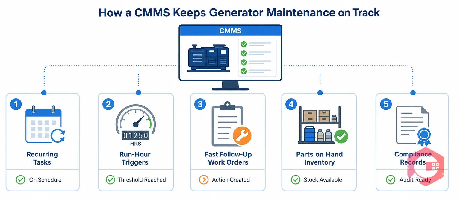 CMMS features keeping a generator maintenance checklist on track with scheduled tasks and records | Cryotos