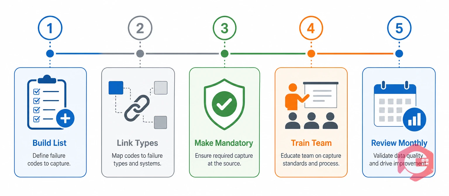 Five step setup for technician-stage failure code capture from building the code list to monthly review | Cryotos
