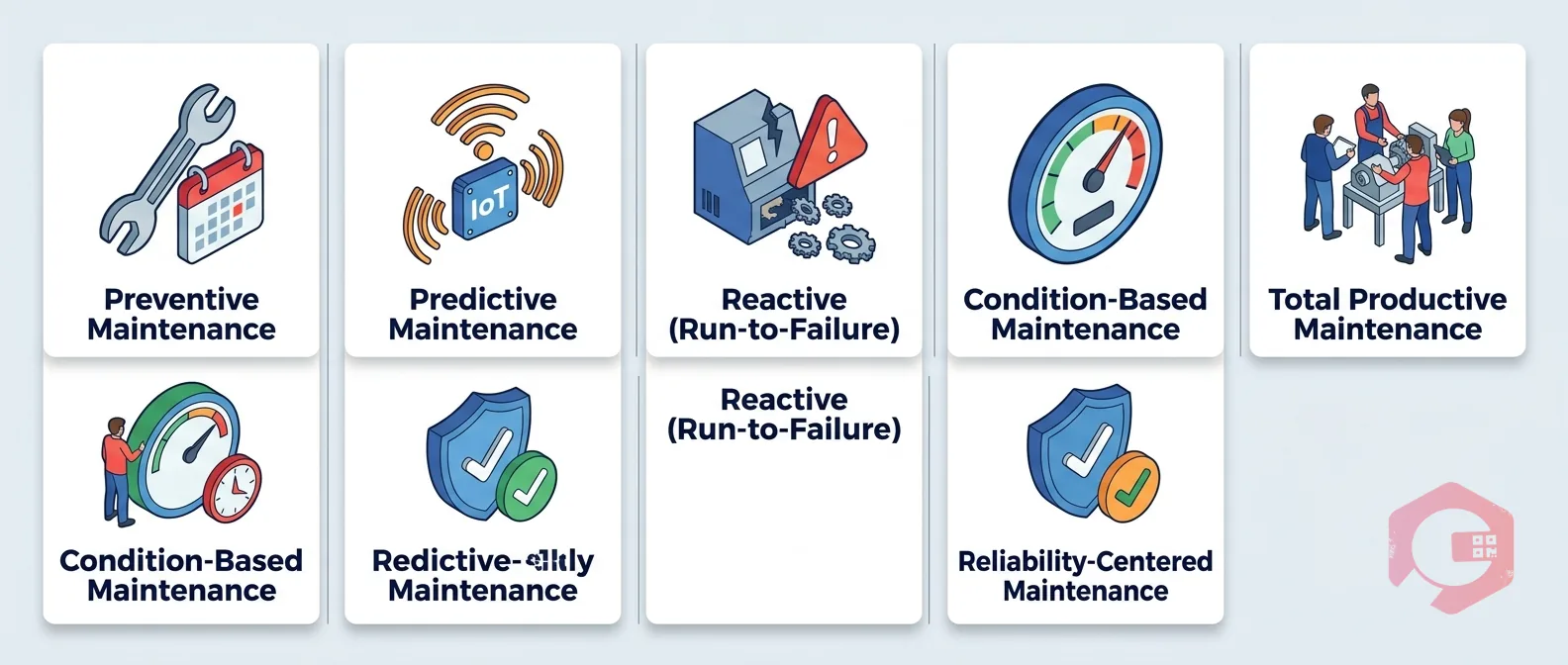 Six asset maintenance strategies — preventive, predictive, reactive, CBM, RCM, TPM