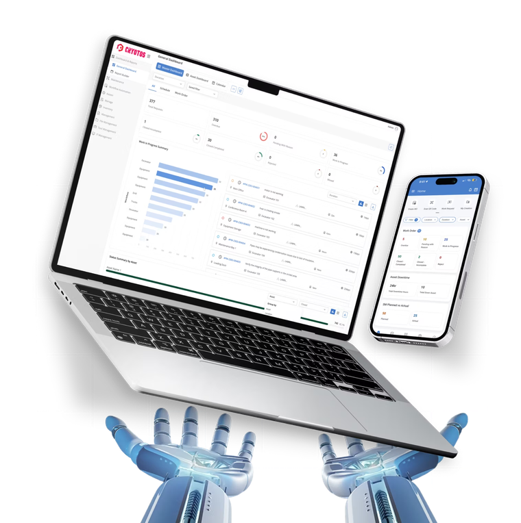 Cryotos CMMS shown on a laptop and a mobile phone
