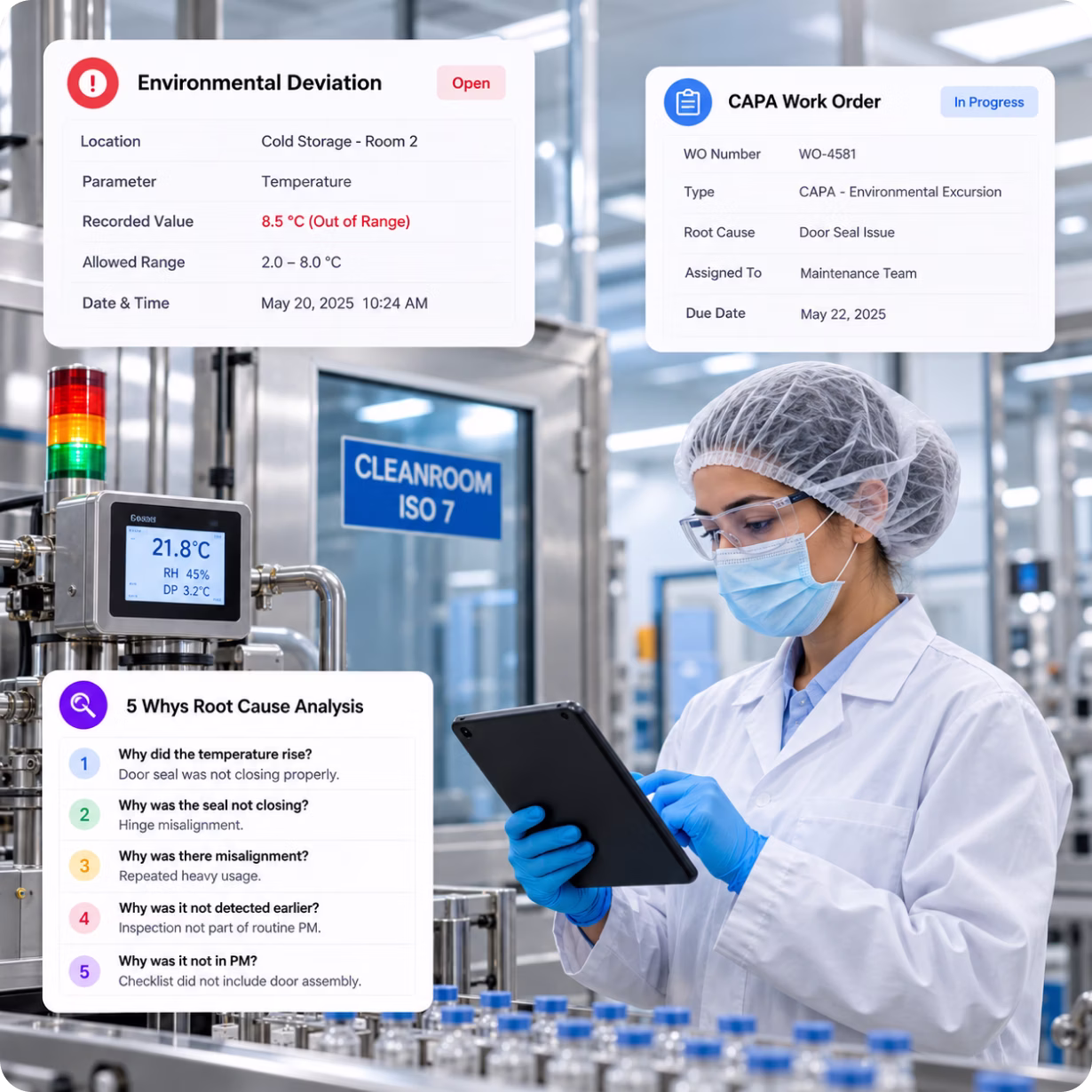 Every Environmental Excursion Gets a Closed, Traceable Corrective Action Record Cryotos CMMS traces cleanroom deviations to closed CAPA
