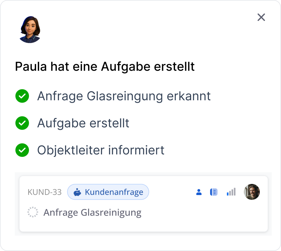 PlanD Aufgaben-Ansicht: Anfrage Glasreinigung automatisch erstellt
