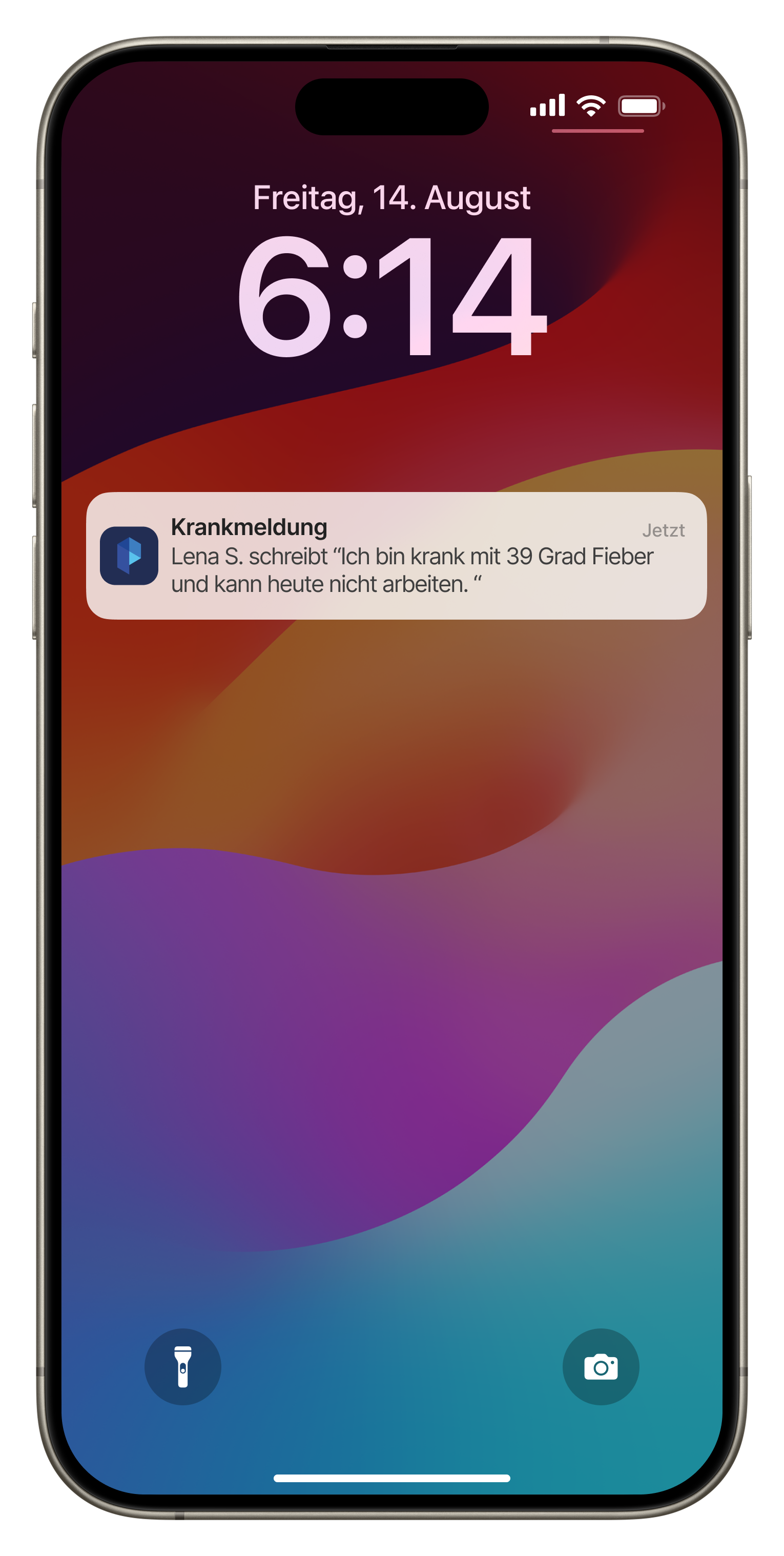 iPhone Sperrbildschirm mit PlanD Krankmeldungs-Benachrichtigung von Lena S.