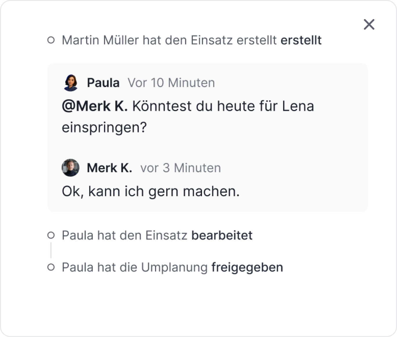 PlanD Aktivitäts-Feed: Einsatz umgeplant, Ersatzkraft eingesprungen