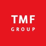 The tmf group logo on a red background.