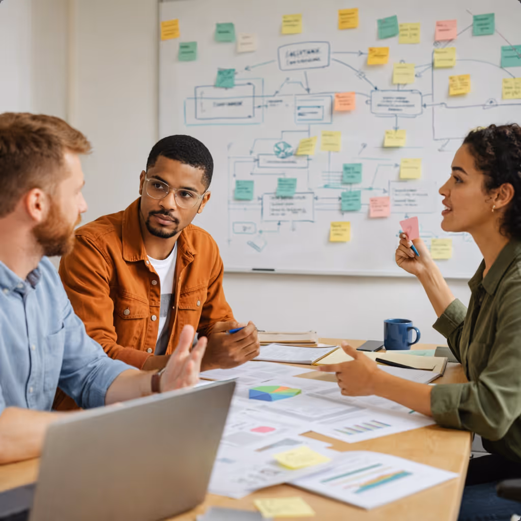 Three colleagues in a meeting, discussing charts and notes with a whiteboard full of sticky notes and diagrams in the background.
